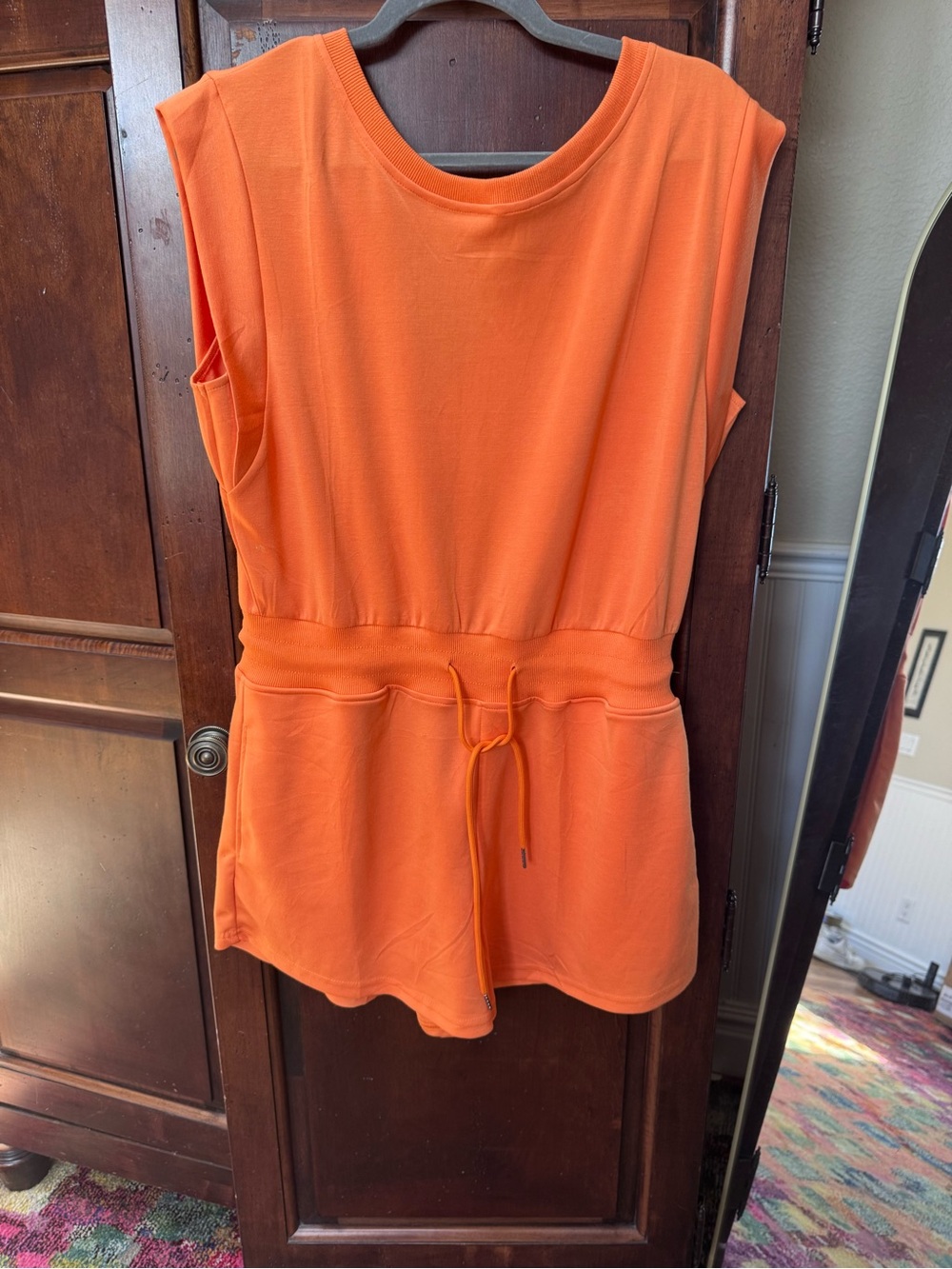 Sleeveless Drawstring Waist Women's shorts romper in Bright Orange